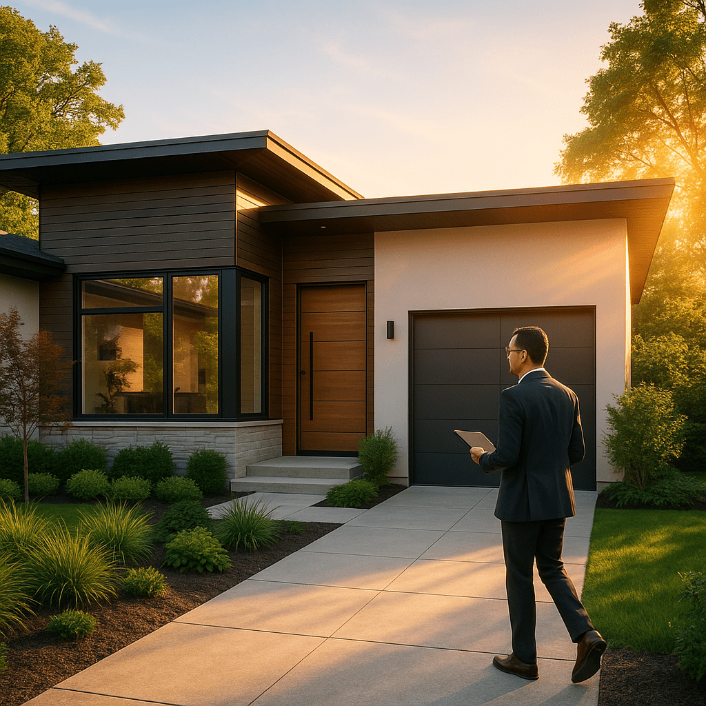 Real estate expert conducting modern home appraisal at sunset