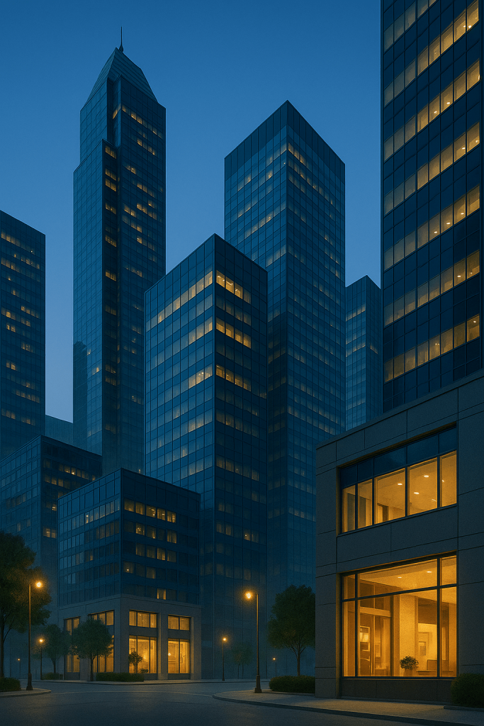 Tall office buildings glowing with lights in a modern city skyline at night.