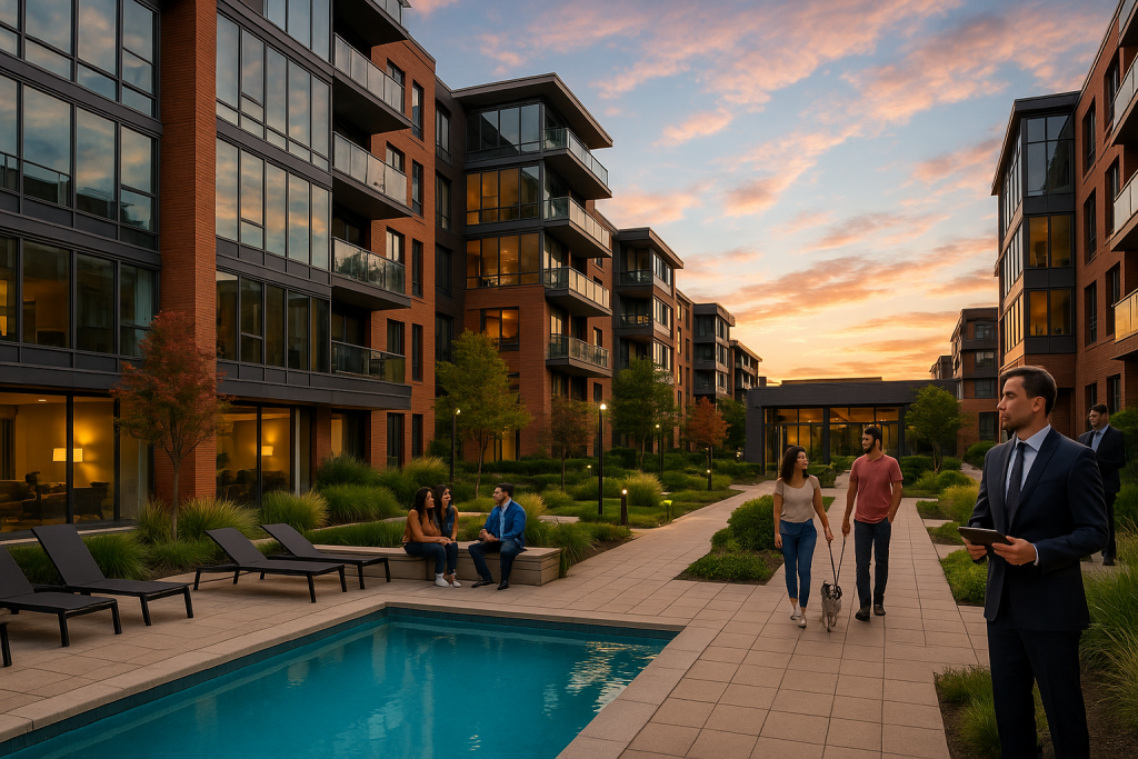 Residents enjoy paths and lounge chairs at luxury apartments with pool during a warm sunset.