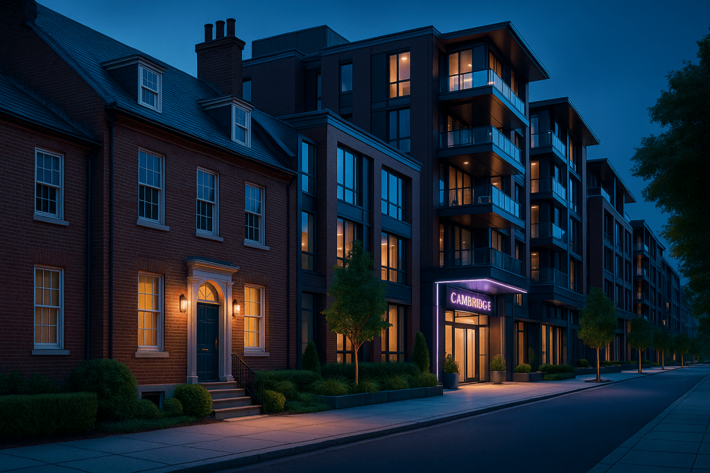Luxury Cambridge apartments at night with modern design