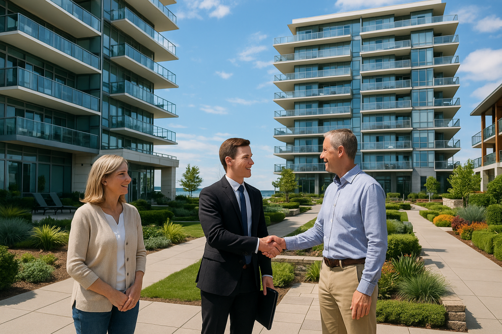 Real estate agent shakes hands with clients at condos
