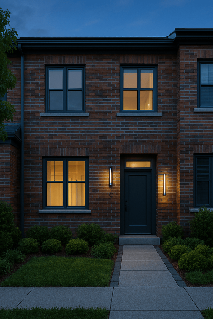 Brick townhouse front entry with outdoor wall lights