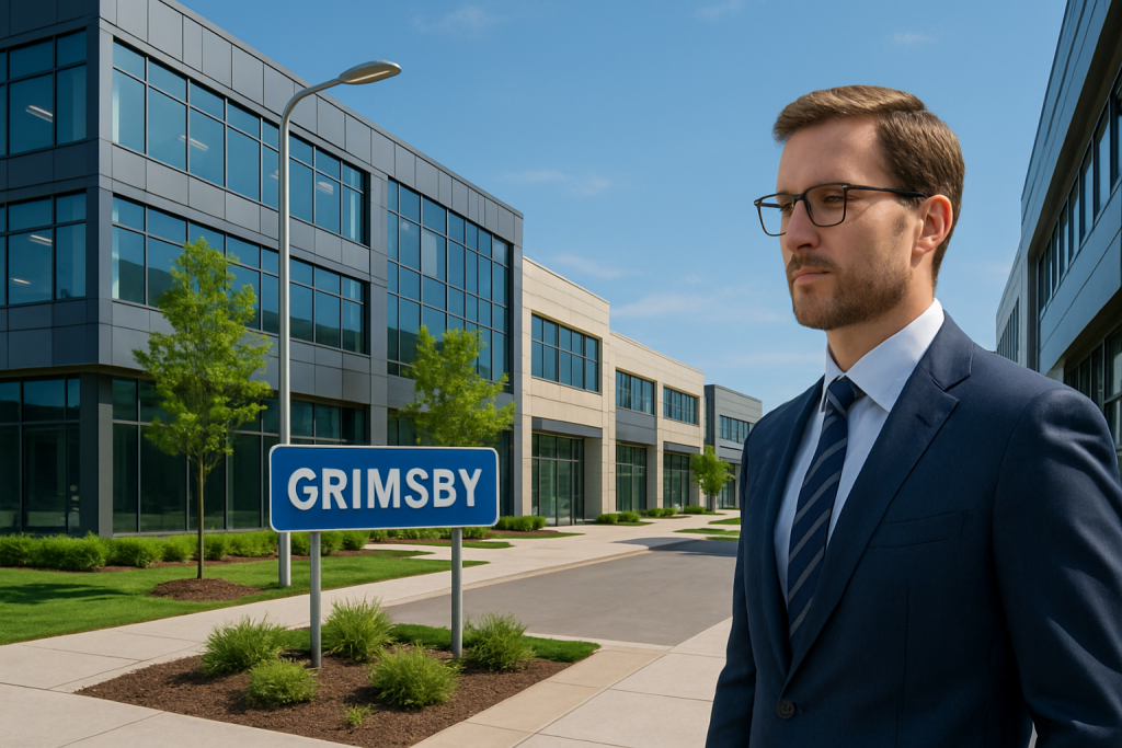 Man in suit outside modern Grimsby office buildings