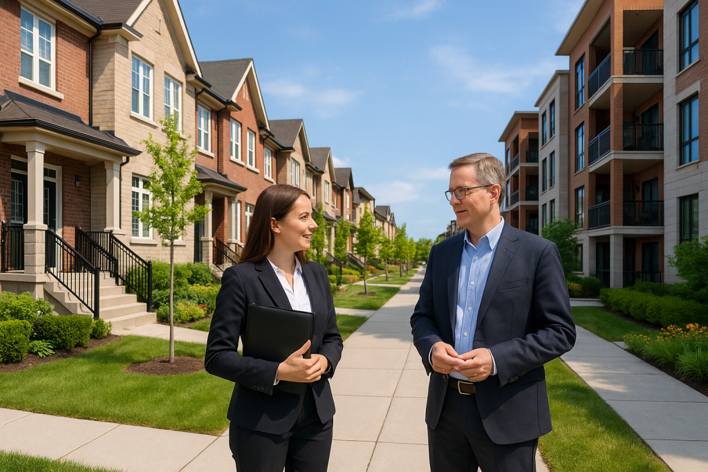 Managers review a townhome and condo street, showing community association management on a sunny, well-kept block.