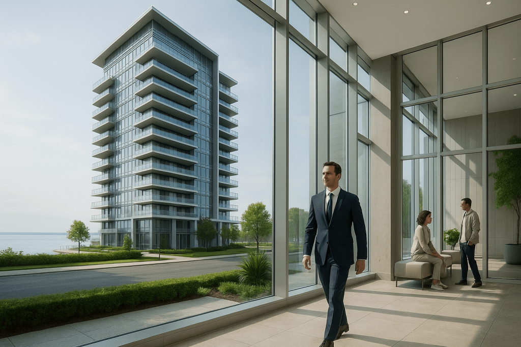 Luxury waterfront condos with sleek glass design and spacious lobby
