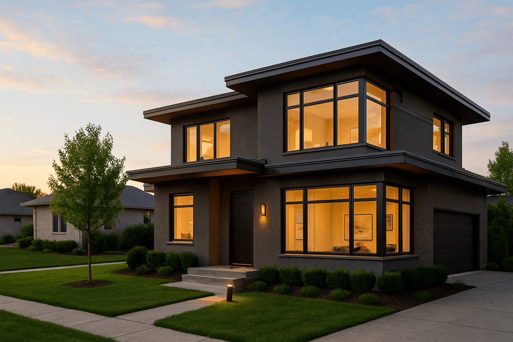 Modern home with large windows in a new housing development