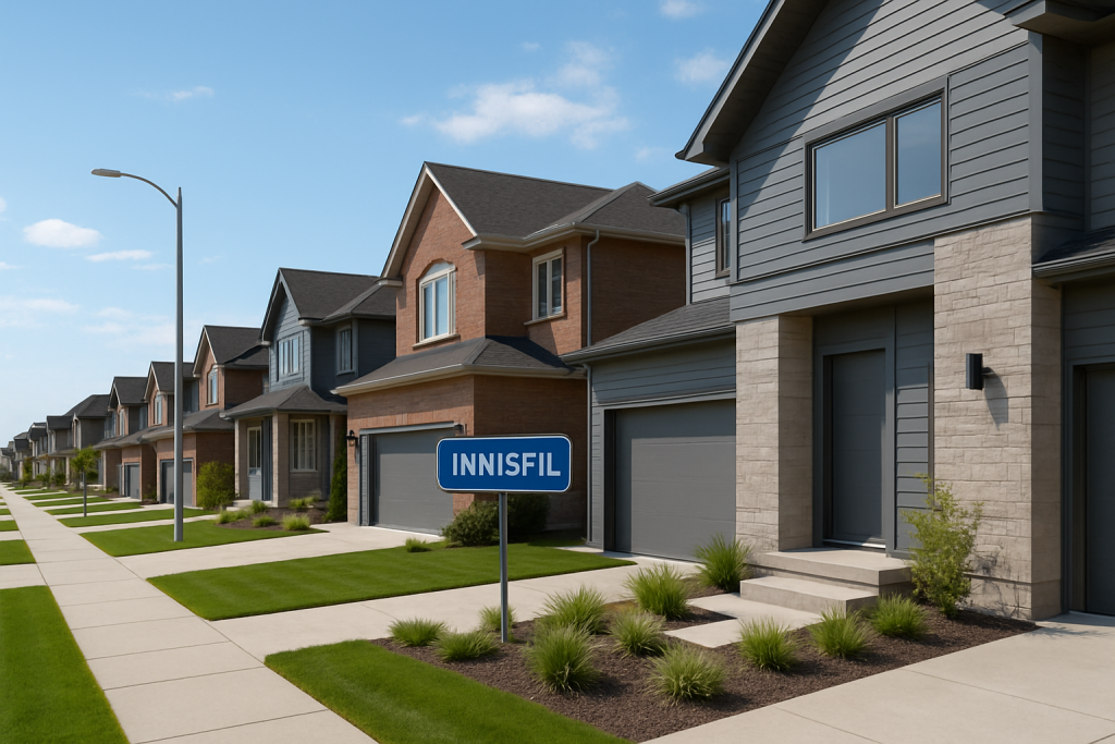 Row of modern houses with garages in Innisfil neighborhood
