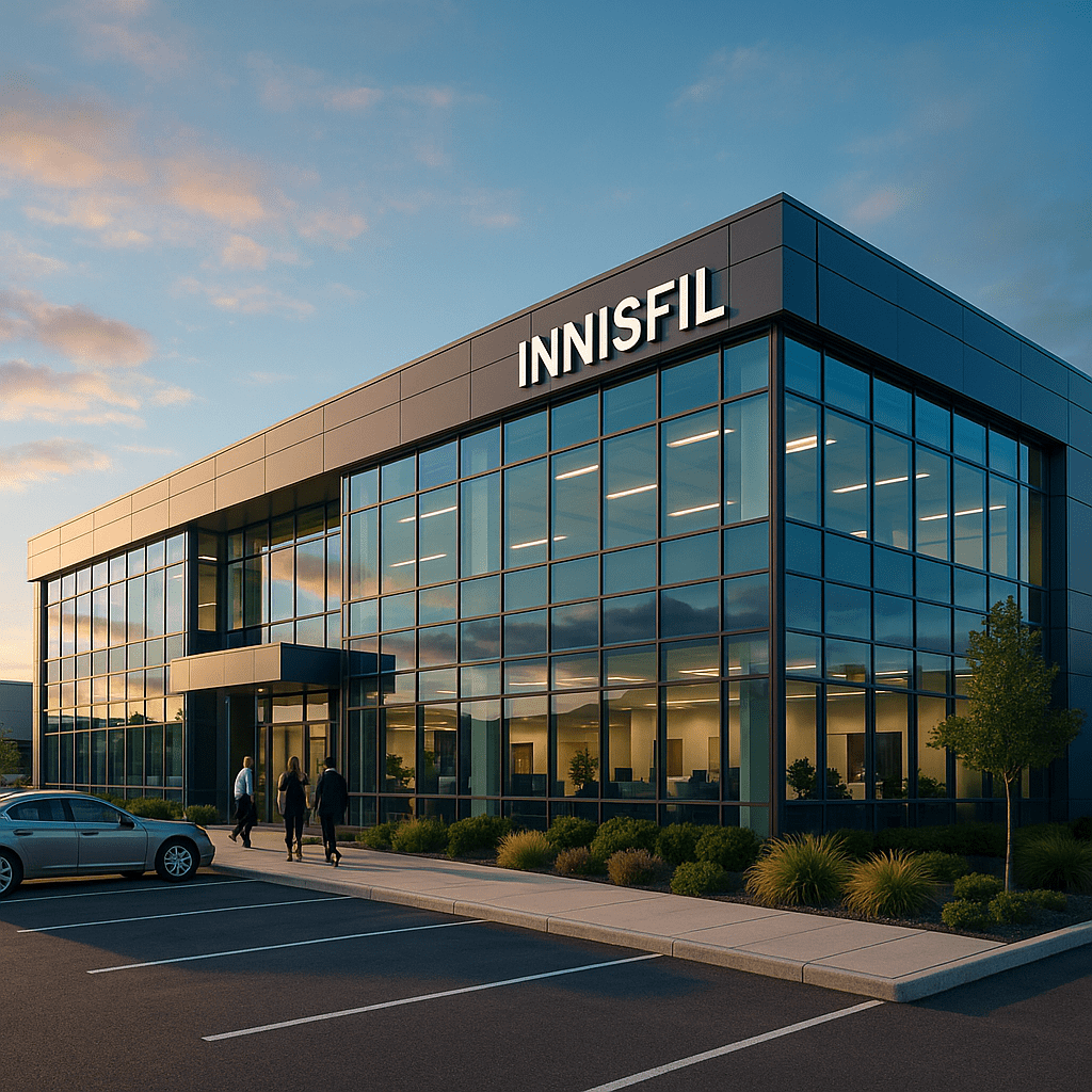 Modern Innisfil office building with glass design at sunset