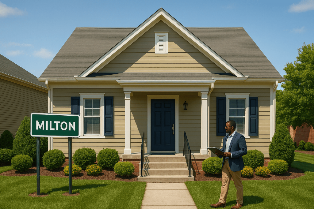 Milton real estate agent in front of a beige house with blue door