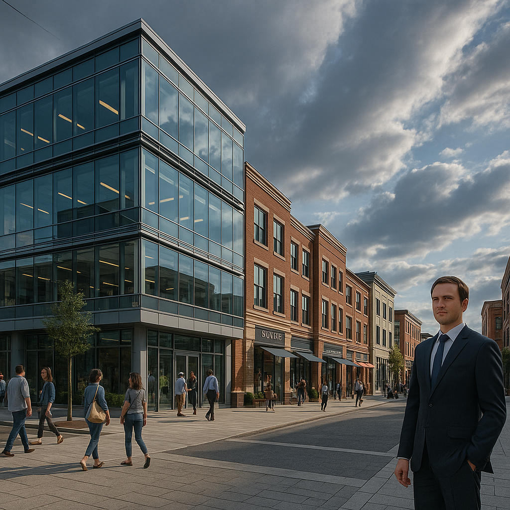 Business professional stands near modern office buildings downtown