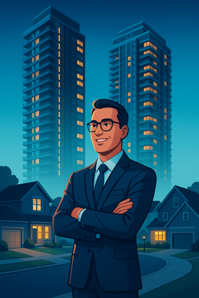 Real estate agent standing in front of high rise apartments at dusk
