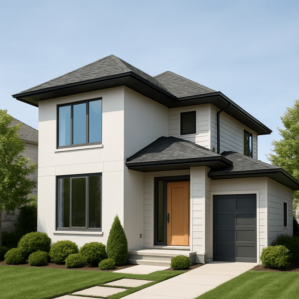 Stylish modern home featuring black roof shingles and clean design.