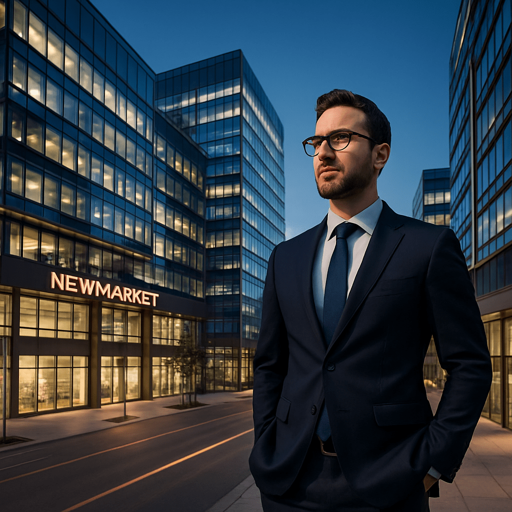 Business professional in suit outside Newmarket office buildings