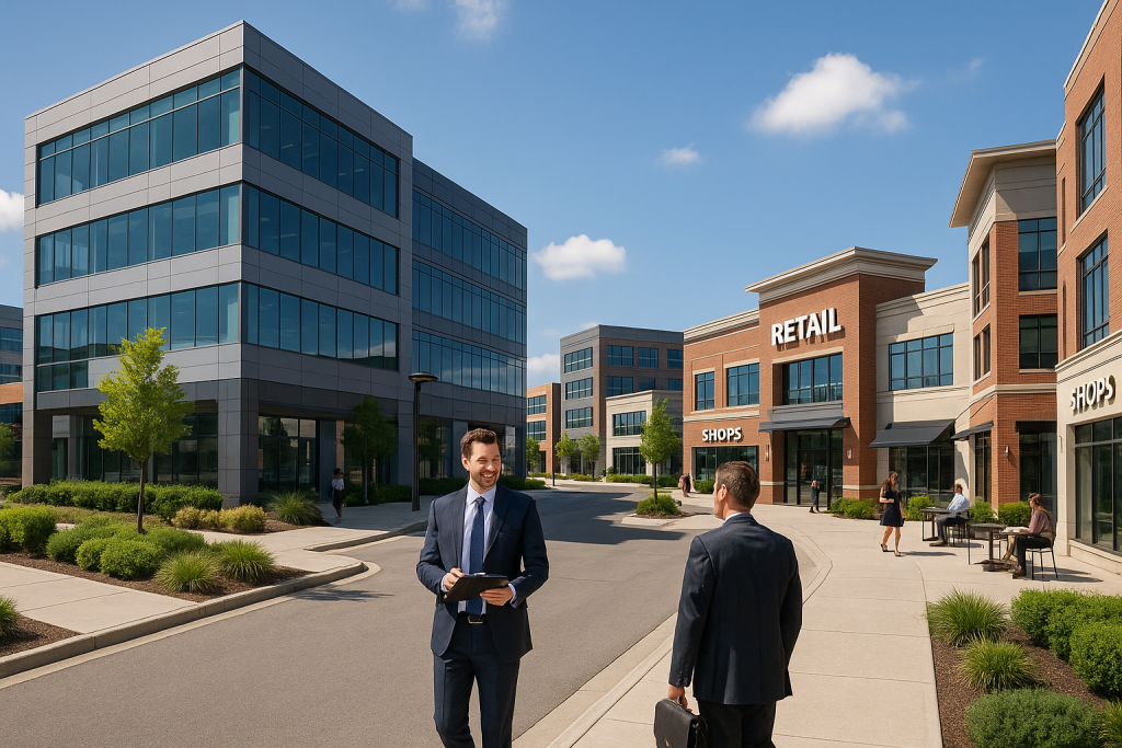 Property Management in Caledon with managers outside retail shops and modern office buildings.