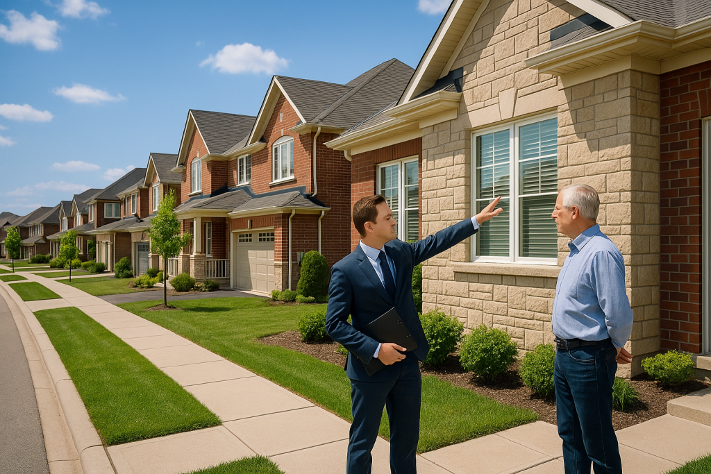 Manager points out exterior items to owner during Residential Property Management in Caledon.
