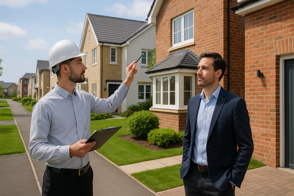 Inspector points to roofline during home inspection services with client outside a brick suburban house on a sunny day.