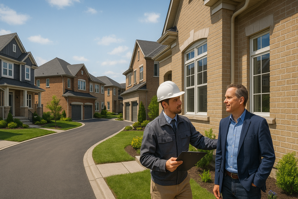Property Management Works in Cambridge with manager and homeowner reviewing brick houses on a sunny street.