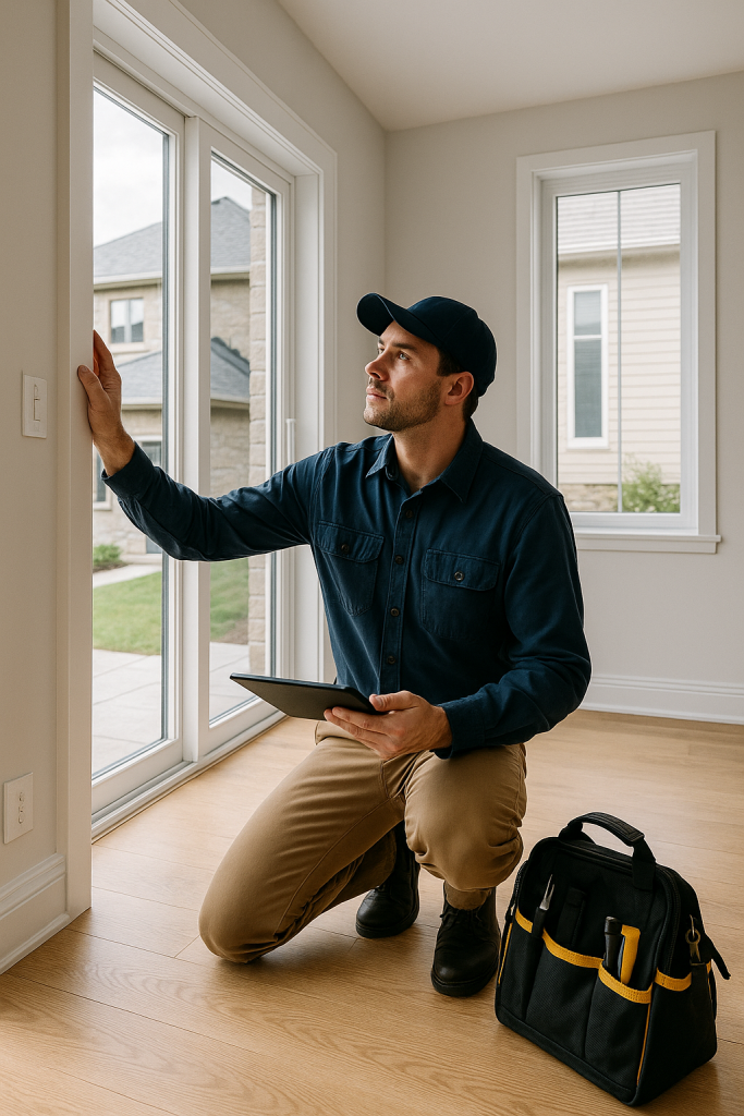 Technician kneels by patio door with a tablet during Property Inspection in Cambridge, checking window frame and seals.
