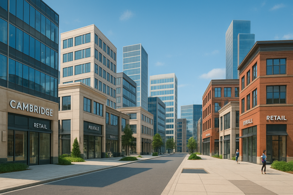 New mixed-use street with glass offices and retail, showing property management in Cambridge focus on clean, tidy storefronts.