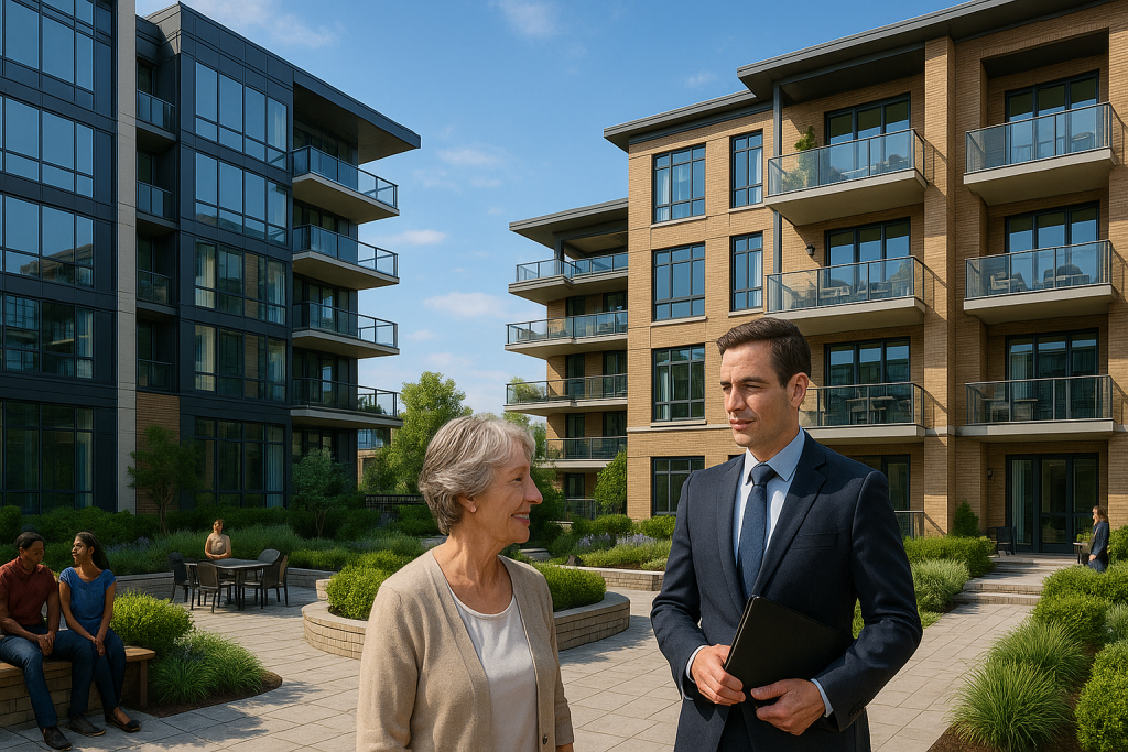 Property Manager in Cambridge speaks with resident in landscaped condo courtyard between modern mid-rise buildings.
