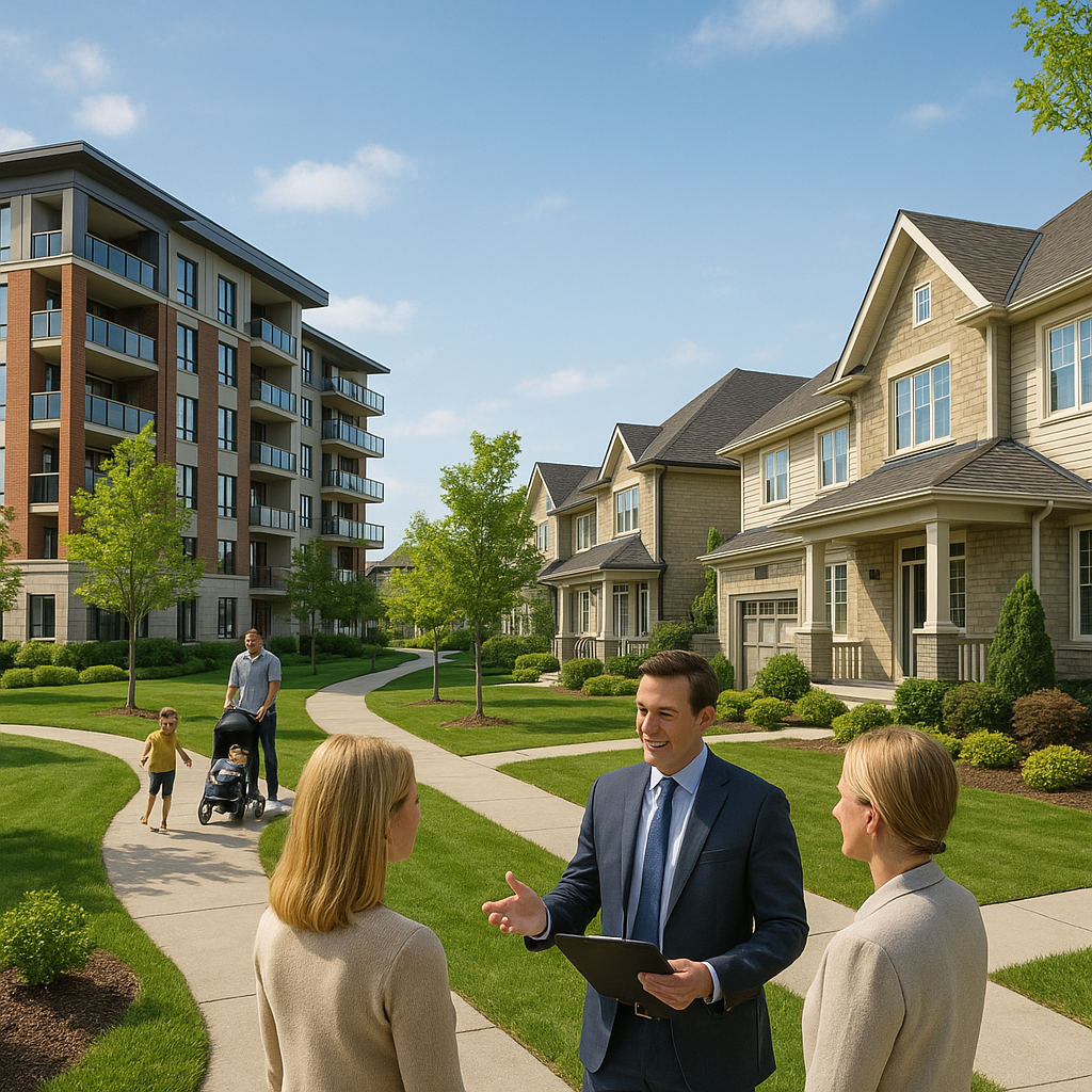 Real estate agent meets clients by lawns, showing homes for sale near condos and houses on a sunny, family-friendly street.