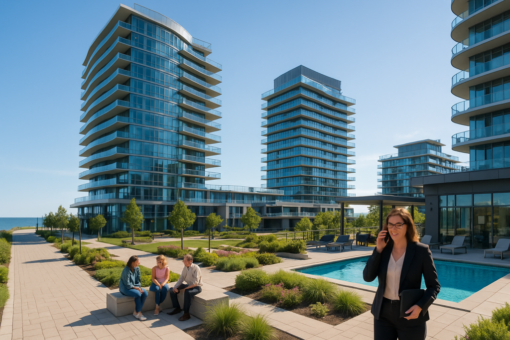 Agent by pool at waterfront condos for sale; glass towers, lounge chairs, gardens, ocean views.