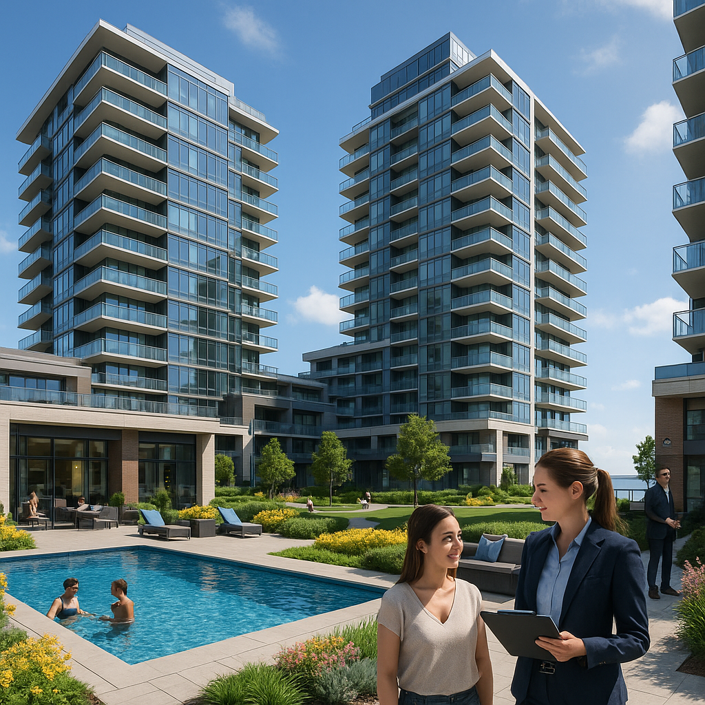 Property Management in Grimsby with manager overseeing modern condos and poolside amenities.