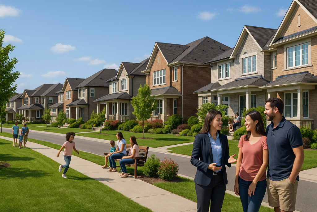 Agent talks with couple on a sunny street, showing residential property management in Grimsby for family homes.