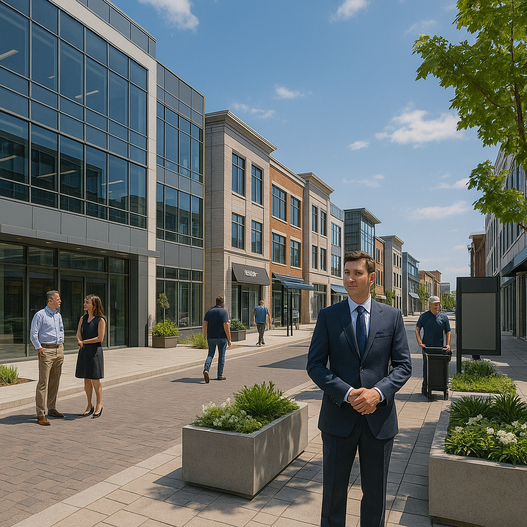 Agent surveys mixed-use block with commercial real estate for lease, glass-front offices, planters, and foot traffic.