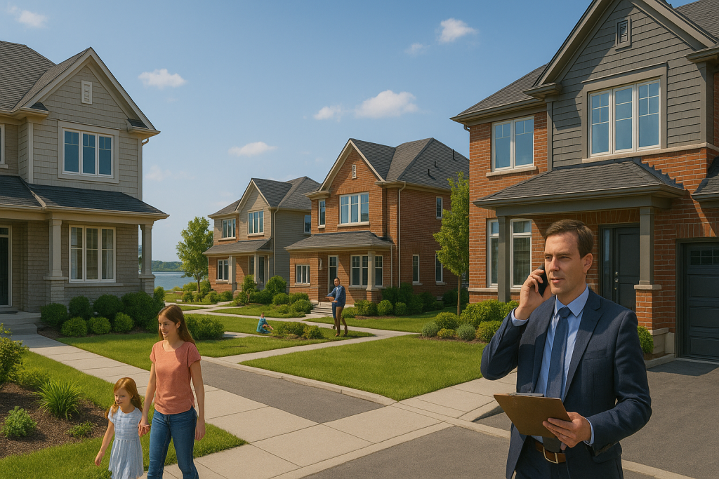 Property Management in Innisfil with manager and families in a suburban neighborhood of brick homes.