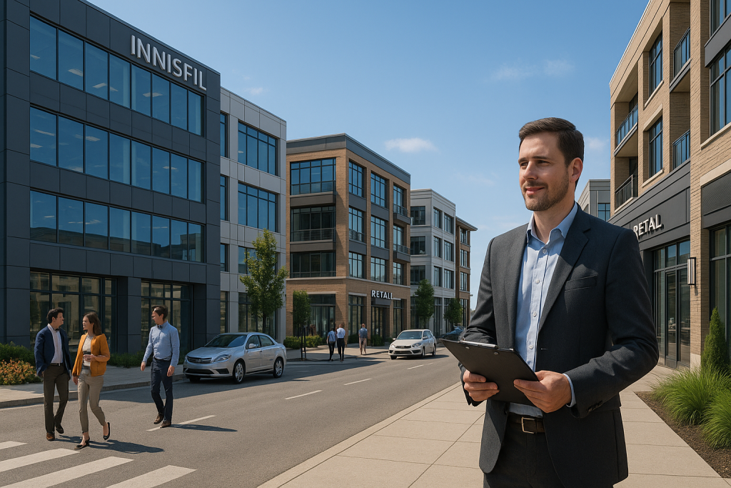 Agent surveys mixed-use commercial real estate for lease on streets in Innisfil.