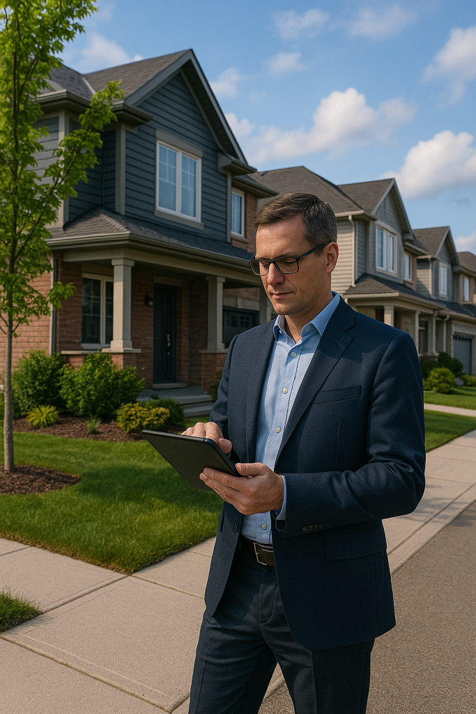 Manager with tablet reviews homes, showing Property management in Innisfil on a quiet suburban street.
