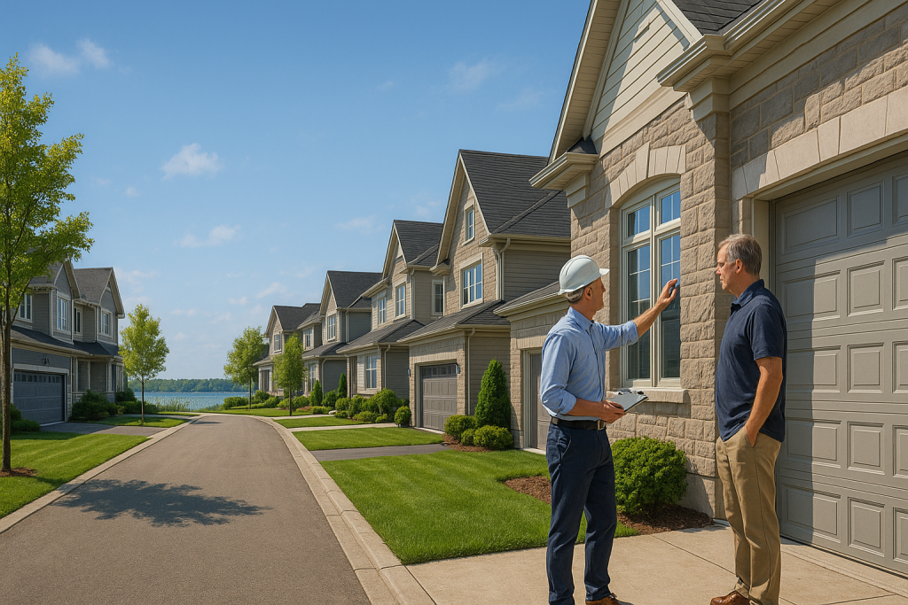 Inspector and homeowner discuss exterior details during property inspection in Innisfil suburban area.