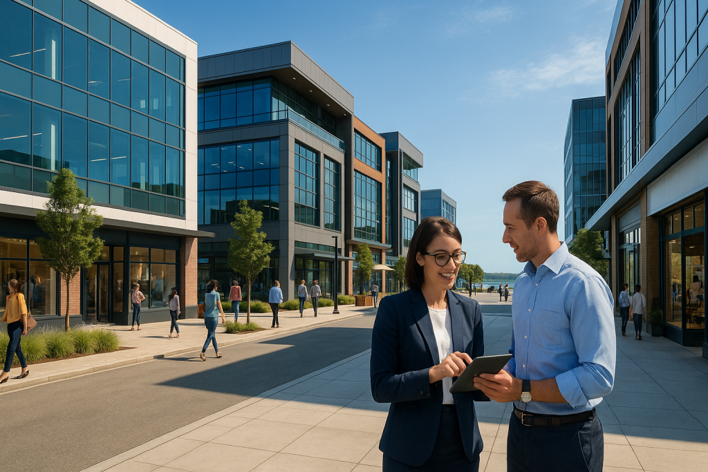 Two managers review a tablet on a glass-lined plaza, showing Property Management in Innisfil for offices and retail.