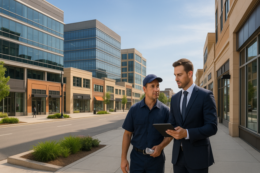 The manager meets the maintenance tech in the commercial property management outside the glass-front offices.
