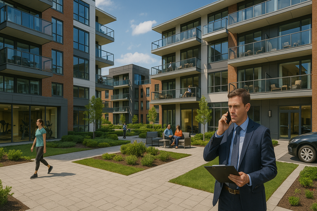 Property Management in Milton with manager overseeing modern apartment buildings and landscaped courtyard.