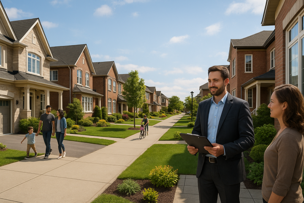 Agent shows homes for sale in Milton on sunny street as families walk and kids bike past brick houses.
