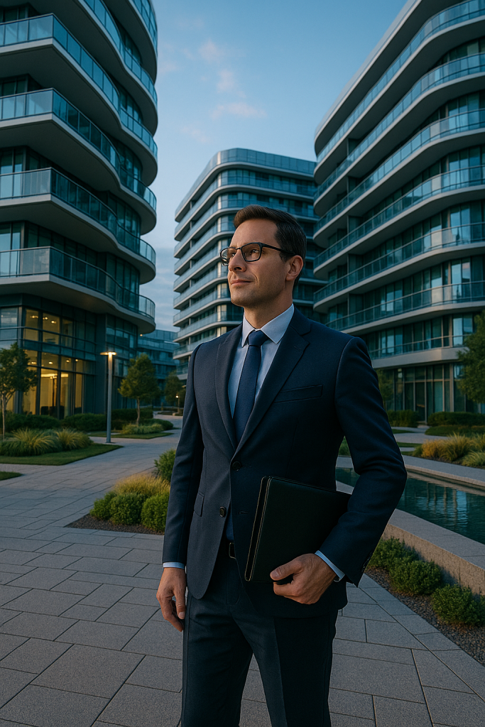 Professional oversees condo property management in Milton, standing between modern glass buildings.