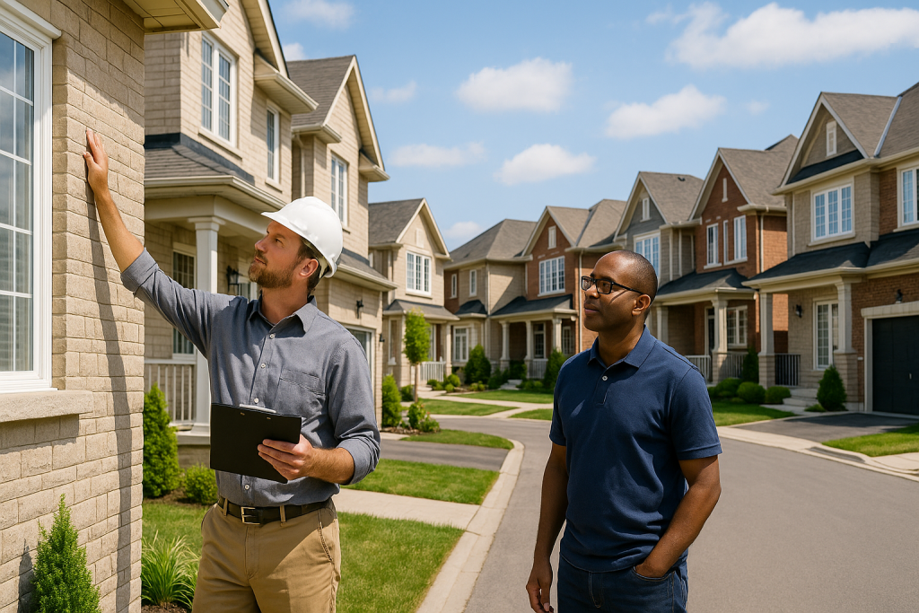 Inspector and resident review house facade during Property Management in Milton on a sunny suburban street.