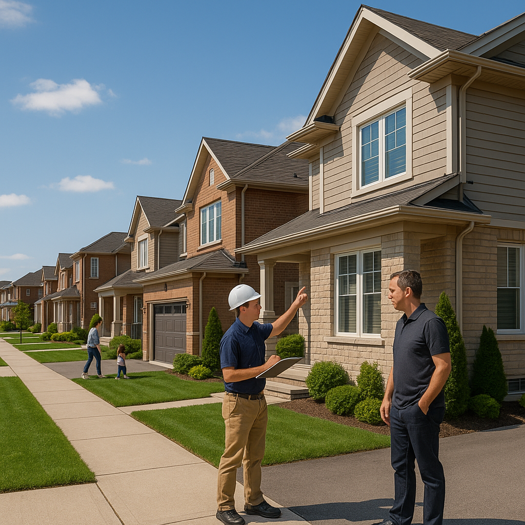 Inspector explains exterior repairs during home inspection services at a modern suburban house.