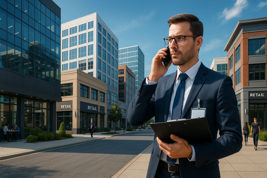 Manager handling property management in NewMarket, on phone with clipboard beside modern retail and office buildings.