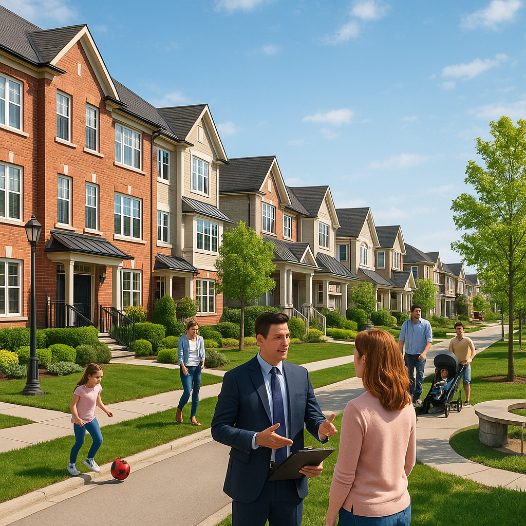 Real estate agent with buyer by a suburban townhouse for sale on a green, tree-lined street.