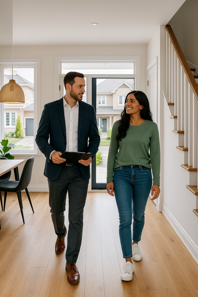 Realtor and client discuss Property Inspection in Newmarket inside a bright modern home.
